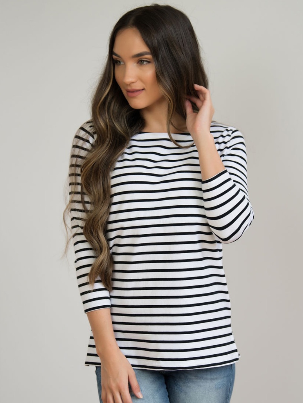 Striped Nursing Queen 3/4 Sleeve Top - White & Black